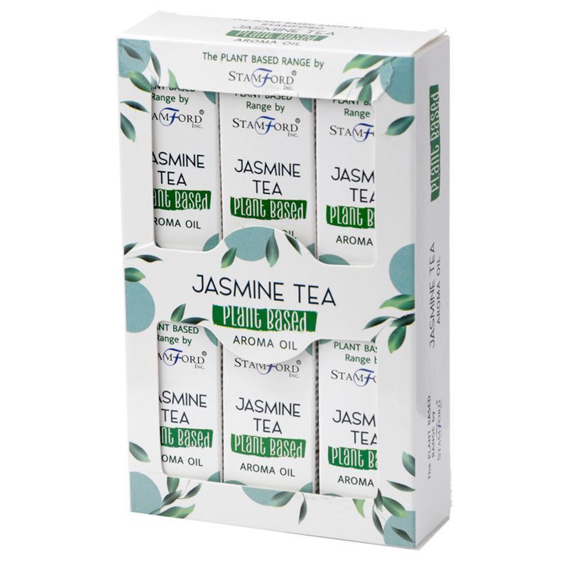 Alt Tag: Jasmine Tea Aroma Oil – 44 G caja de aroma oil plant-based con diseño floral, marca Stamford