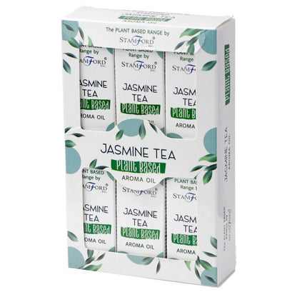 Alt Tag: Jasmine Tea Aroma Oil – 44 G caja de aroma oil plant-based con diseño floral, marca Stamford
