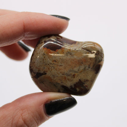 Jasper Nguni Gemstone Tumble Stones – Large Set of 6, piedra rodada pulida grande con vetas marrón y crema sostenida entre los dedos