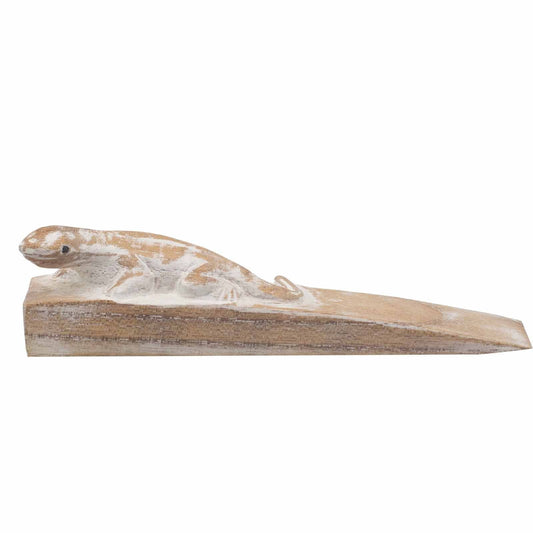 Alt Tag: Jempines Wood Gecko Doorstop – 16x4x4.5 CM hand-carved gecko wood door wedge, natural finish, side view