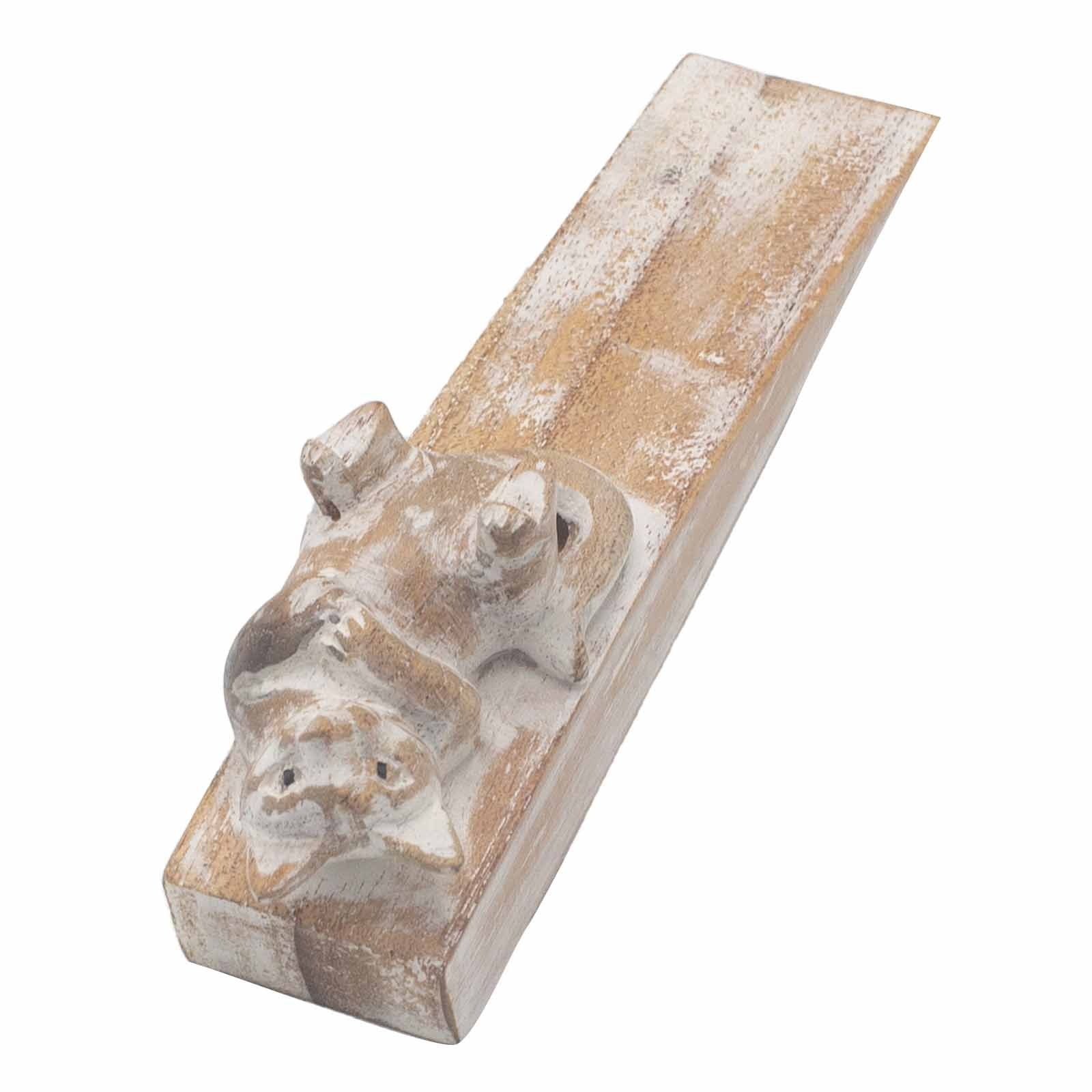 Jempines Wood Kitten Doorstop – 16x4x5 CM hand-carved wooden doorstop block with distressed white and natural finish