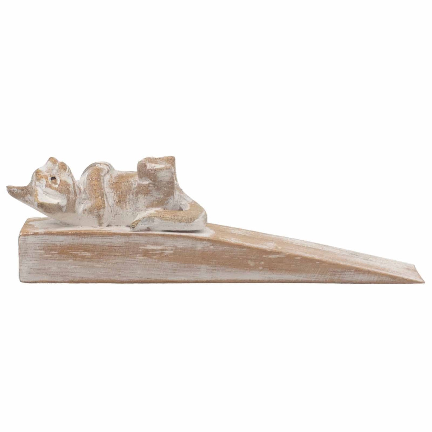 Alt Tag: Jempines Wood Kitten Doorstop – 16x4x5 CM hand-carved kitten wooden door wedge doorstop, rustic whitewashed finish