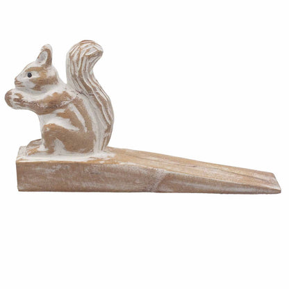 Jempines Wood Squirrel Doorstop – 16x4x9 CM hand-carved wooden squirrel doorstop, rustic natural wood finish, side view