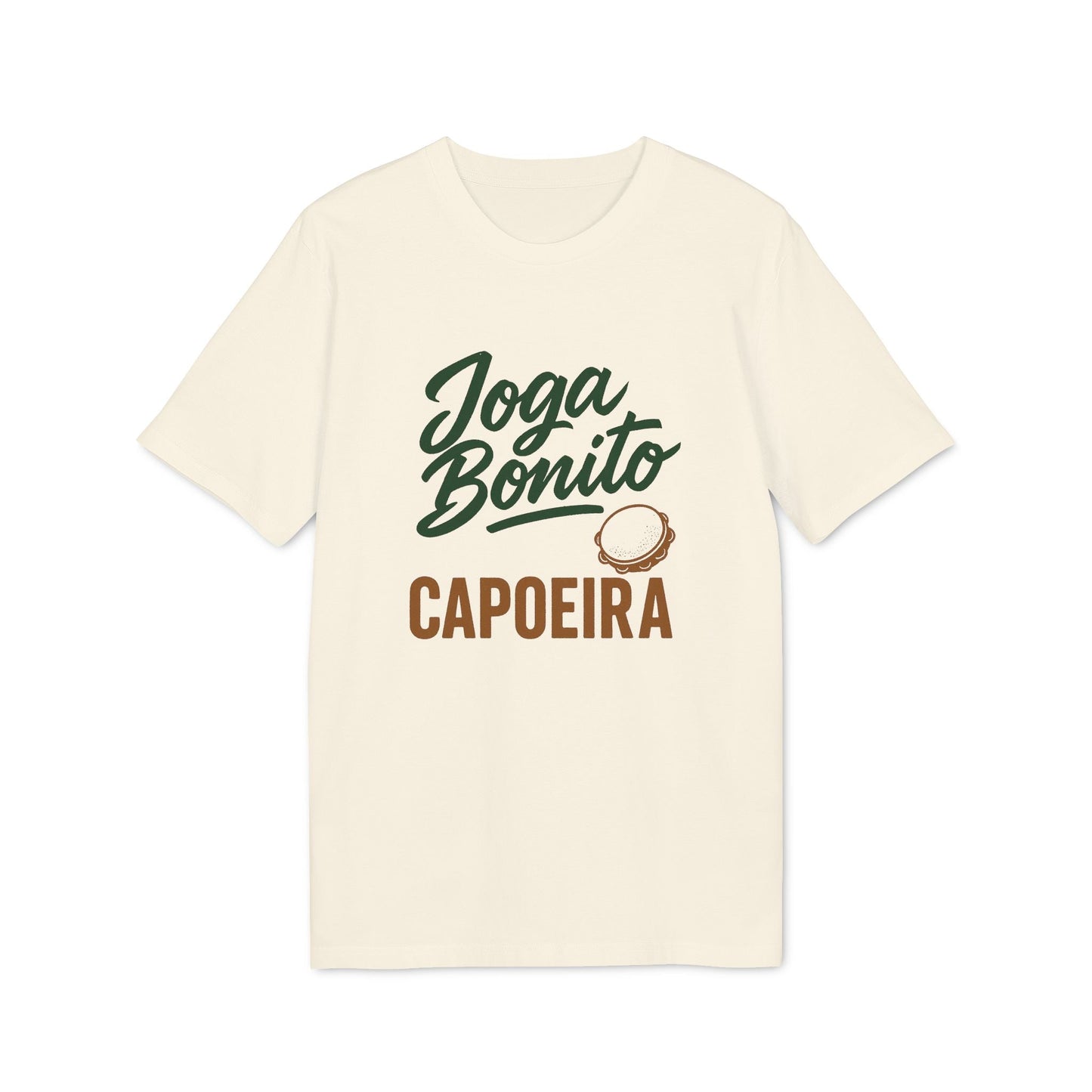 Joga Bonito Capoeria Sustainable Unisex Tee crema con gráfico Joga Bonito CAPOEIRA y berimbau, camiseta unisex sostenible