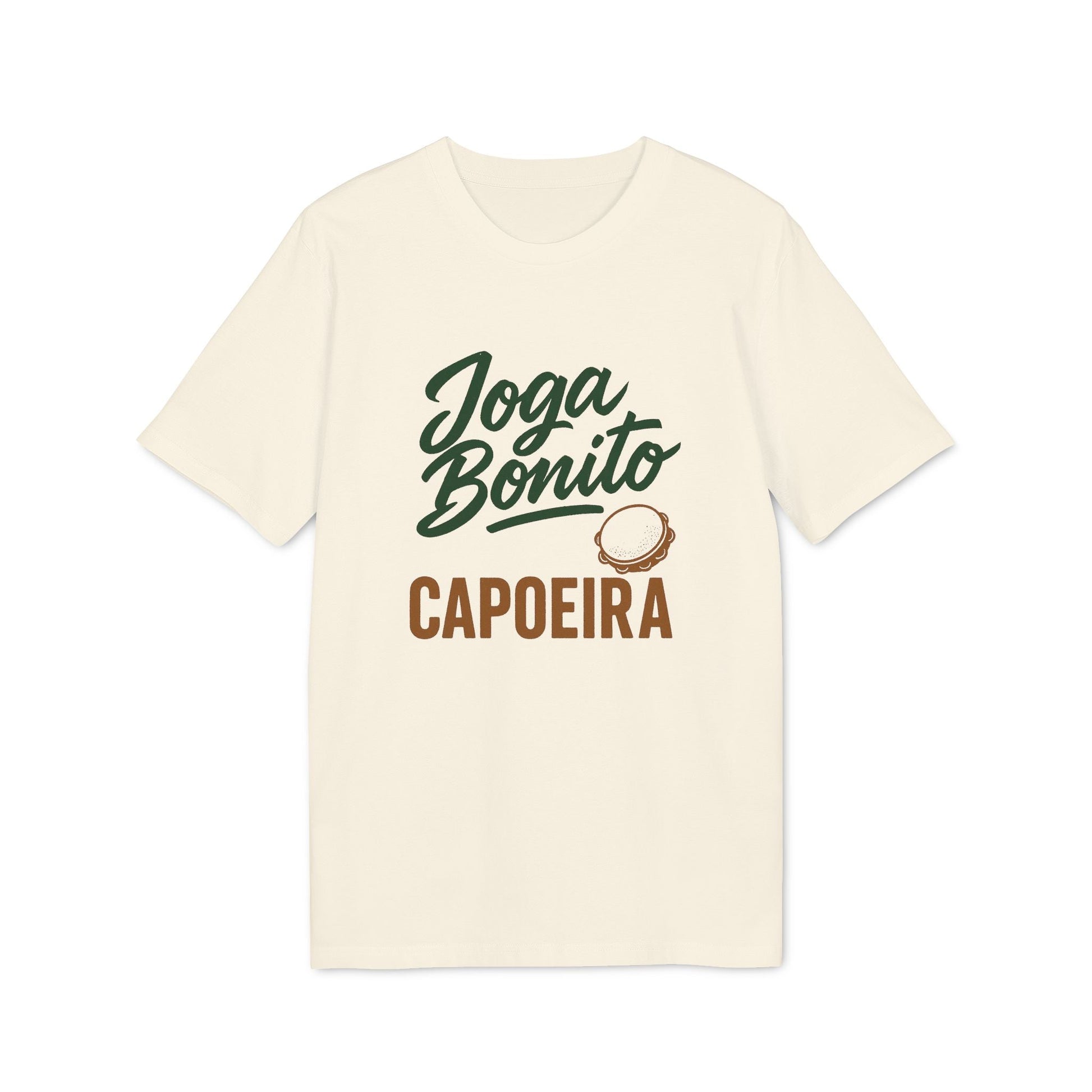 Joga Bonito Capoeria Sustainable Unisex Tee crema con gráfico Joga Bonito CAPOEIRA y berimbau, camiseta unisex sostenible