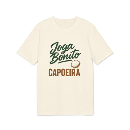 Joga Bonito Capoeria Sustainable Unisex Tee crema con gráfico Joga Bonito CAPOEIRA y berimbau, camiseta unisex sostenible