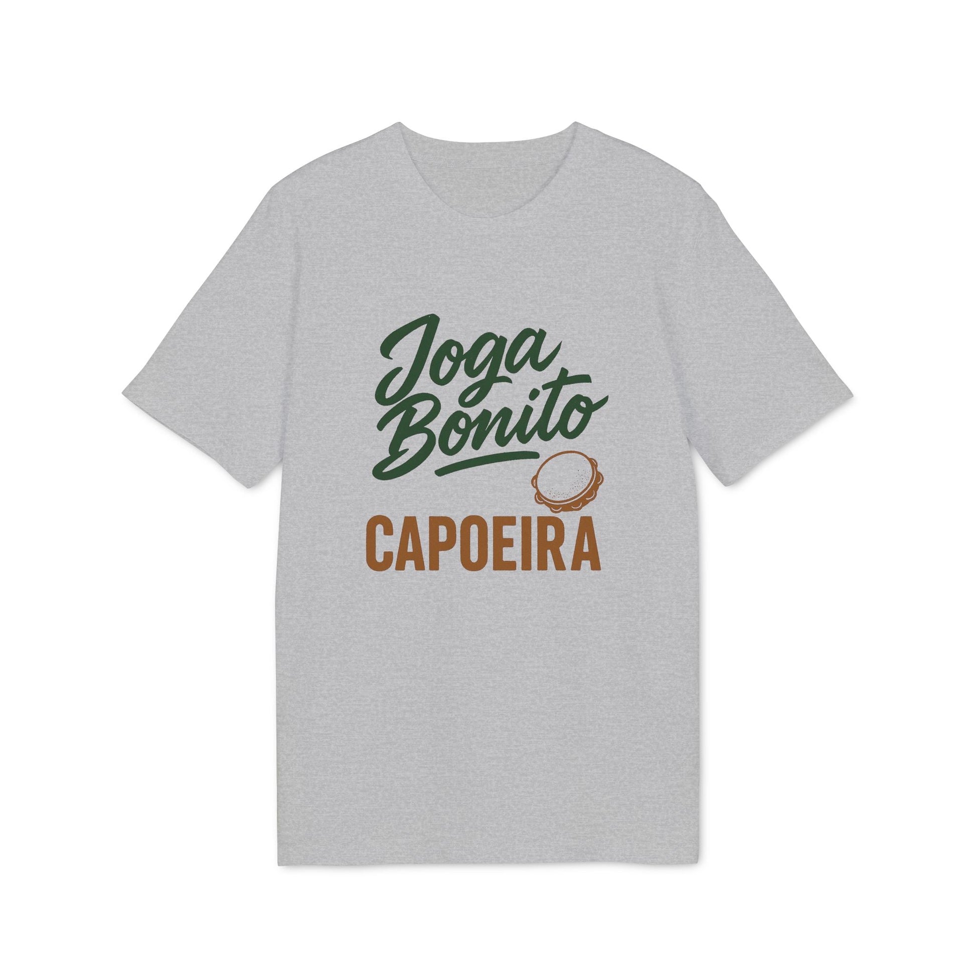 Joga Bonito Capoeria Sustainable Unisex Tee in heather gray with "Joga Bonito" script and CAPOEIRA graphic