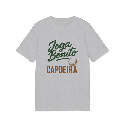 Joga Bonito Capoeria Sustainable Unisex Tee in heather gray with "Joga Bonito" script and CAPOEIRA graphic