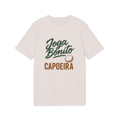 Joga Bonito Capoeria Sustainable Unisex Tee en color crema con gráfico “Joga Bonito” y “CAPOEIRA” y pequeño tambor