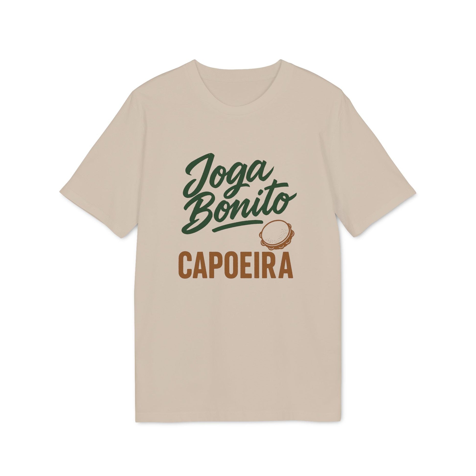 Alt Tag: Joga Bonito Capoeria Sustainable Unisex Tee beige crewneck t-shirt with Joga Bonito Capoeira graphic print