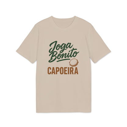Alt Tag: Joga Bonito Capoeria Sustainable Unisex Tee beige crewneck t-shirt with Joga Bonito Capoeira graphic print