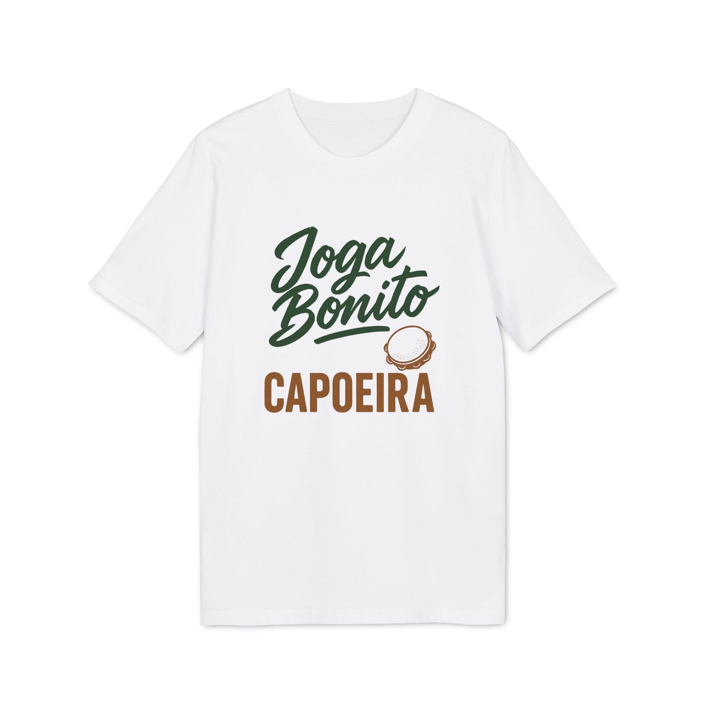 Alt Tag: Joga Bonito Capoeria Sustainable Unisex Tee white t-shirt with green Joga Bonito CAPOEIRA graphic and berimbau illustration