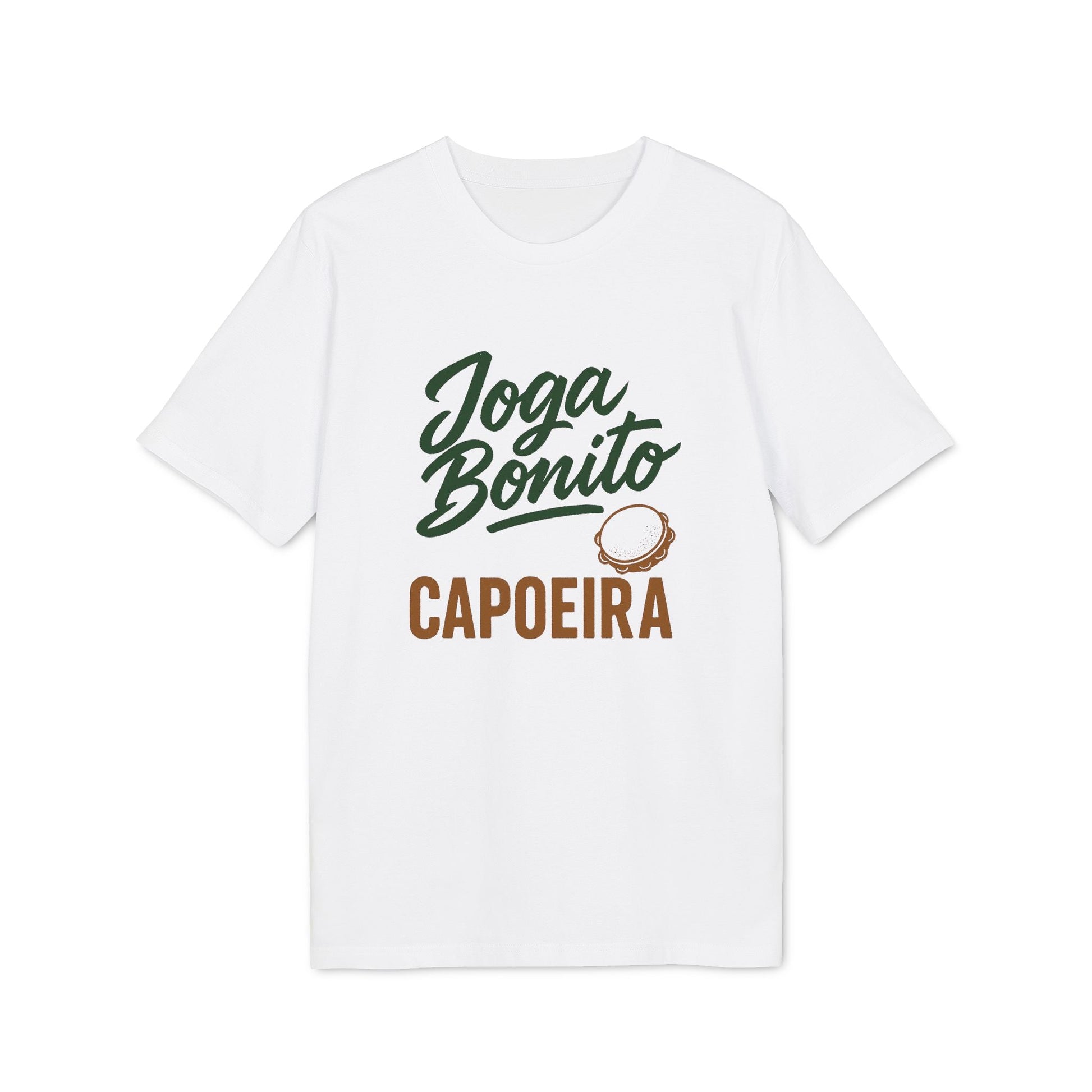 Alt Tag: Joga Bonito Capoeria Sustainable Unisex Tee white t-shirt with green Joga Bonito CAPOEIRA graphic and berimbau illustration