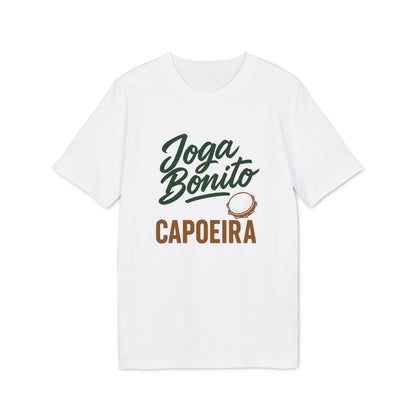 Alt Tag: Joga Bonito Capoeria Sustainable Unisex Tee white t-shirt with green Joga Bonito CAPOEIRA graphic and berimbau illustration