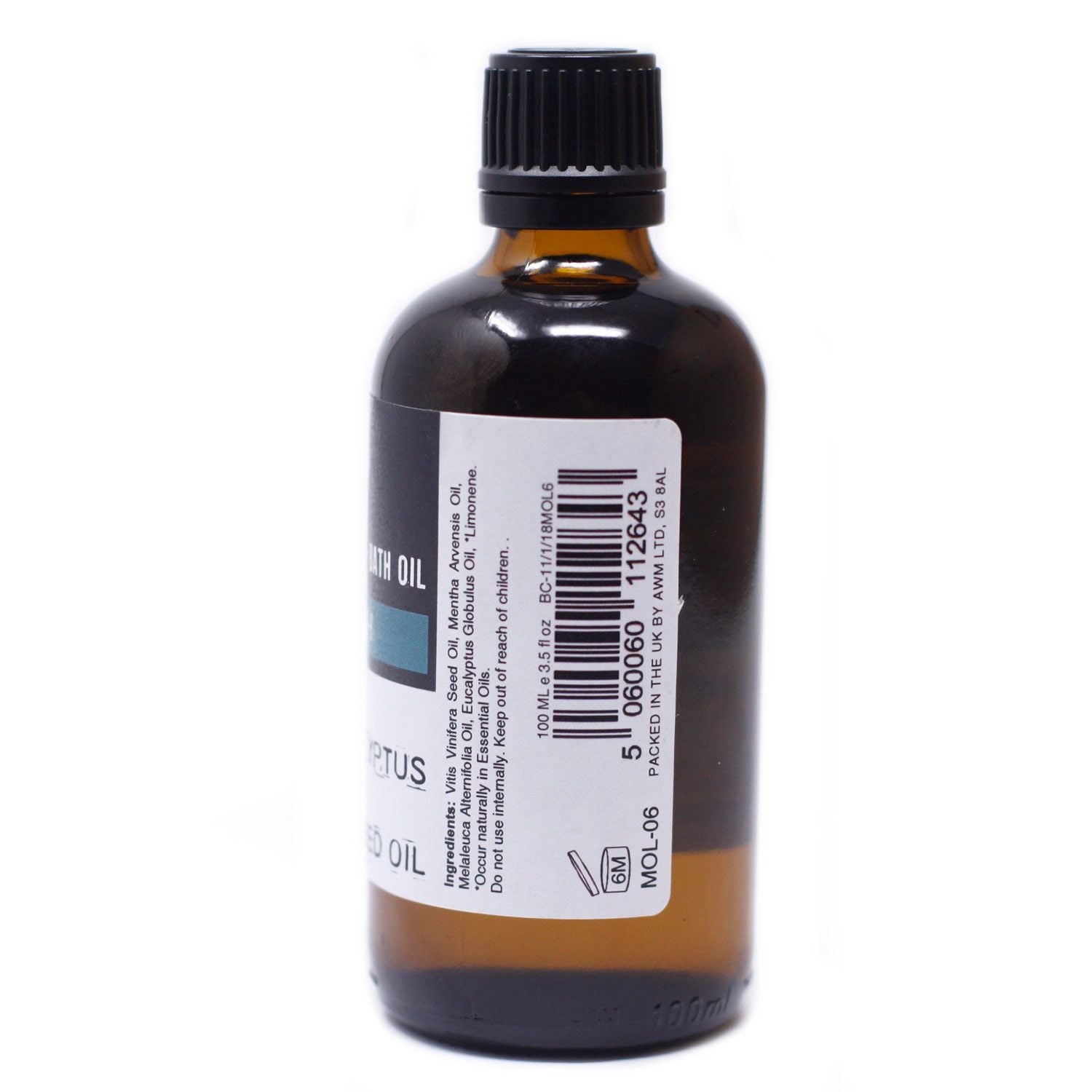 Joints Comfort Massage Oil – 100 ML botella ámbar de aceite de masaje con tapa negra y etiqueta con código de barras