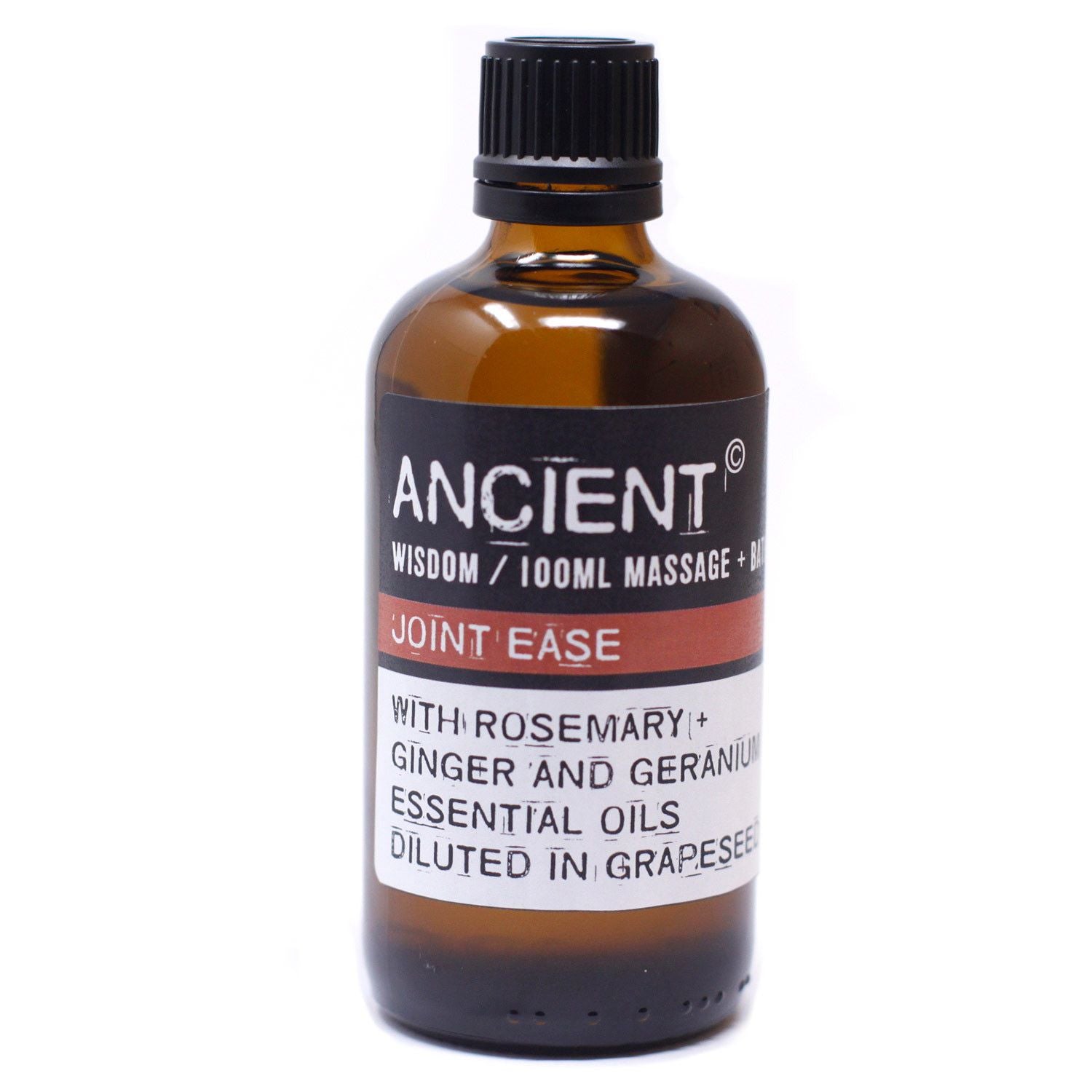 Alt Tag: Joints Comfort Massage Oil – 100 ML 100 ml massage oil bottle with rosemary, ginger and geranium essential oils diluted in grapeseed