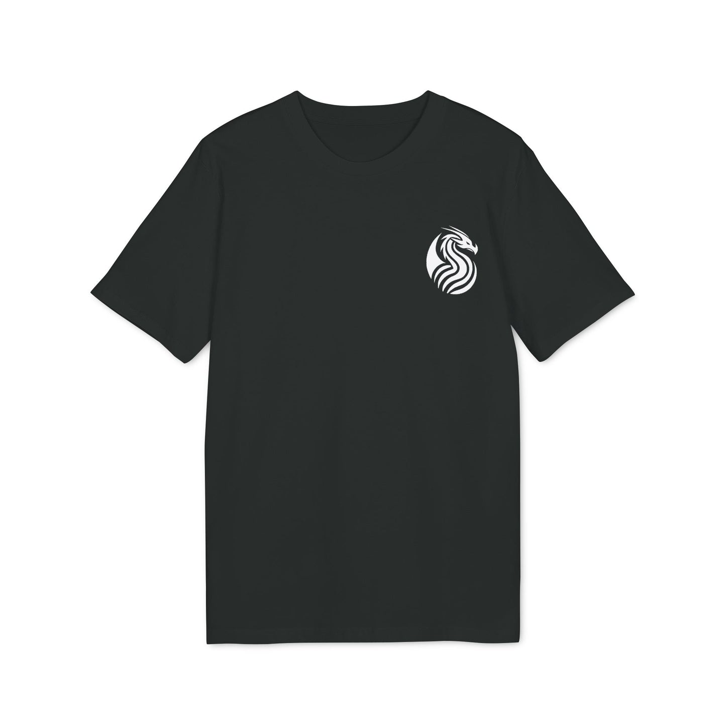 Alt Tag: Joven Dragon Premium Unisex T-Shirt camiseta unisex negra con logo de dragón blanco en el pecho, vista frontal