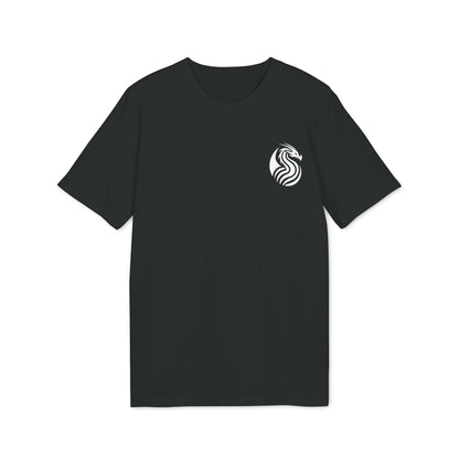 Alt Tag: Joven Dragon Premium Unisex T-Shirt camiseta unisex negra con logo de dragón blanco en el pecho, vista frontal