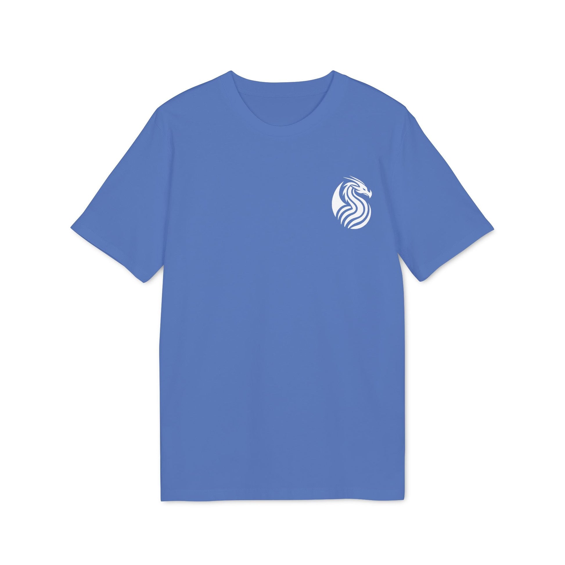 Alt Tag: Joven Dragon Premium Unisex T-Shirt azul con logotipo de dragón blanco en el pecho, vista frontal