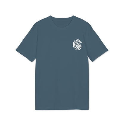 Alt Tag: Joven Dragon Premium Unisex T-Shirt azul con logo de dragón blanco en el pecho, camiseta unisex de manga corta