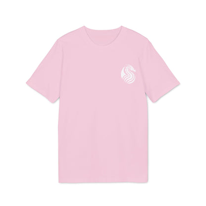 Alt Tag: Joven Dragon Premium Unisex T-Shirt rosa pastel con logo de dragón blanco en el pecho, camiseta unisex de estilo minimalista