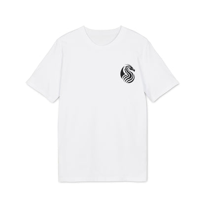 Alt Tag: Joven Dragon Premium Unisex T-Shirt blanca con logo de dragón negro en el pecho, vista frontal