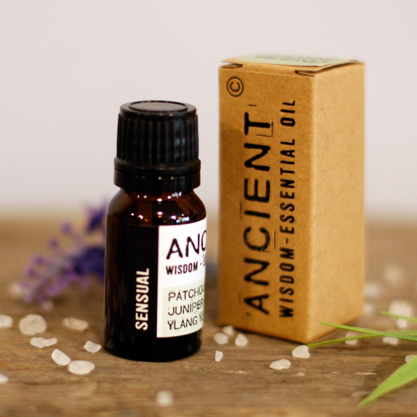 Alt Tag: Juniper & Ylang Ylang Oil Blend – 10 ML Boxed essential oil bottle with boxed packaging on wooden surface