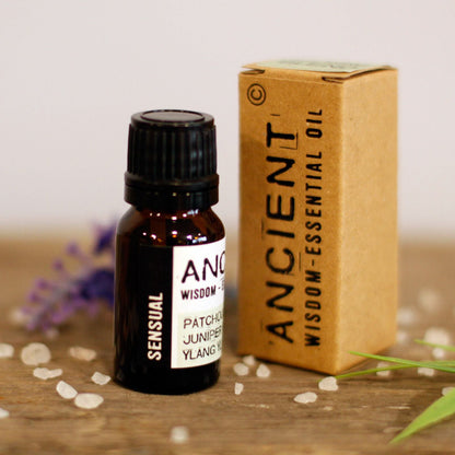 Alt Tag: Juniper & Ylang Ylang Oil Blend – 10 ML Boxed essential oil bottle with boxed packaging on wooden surface