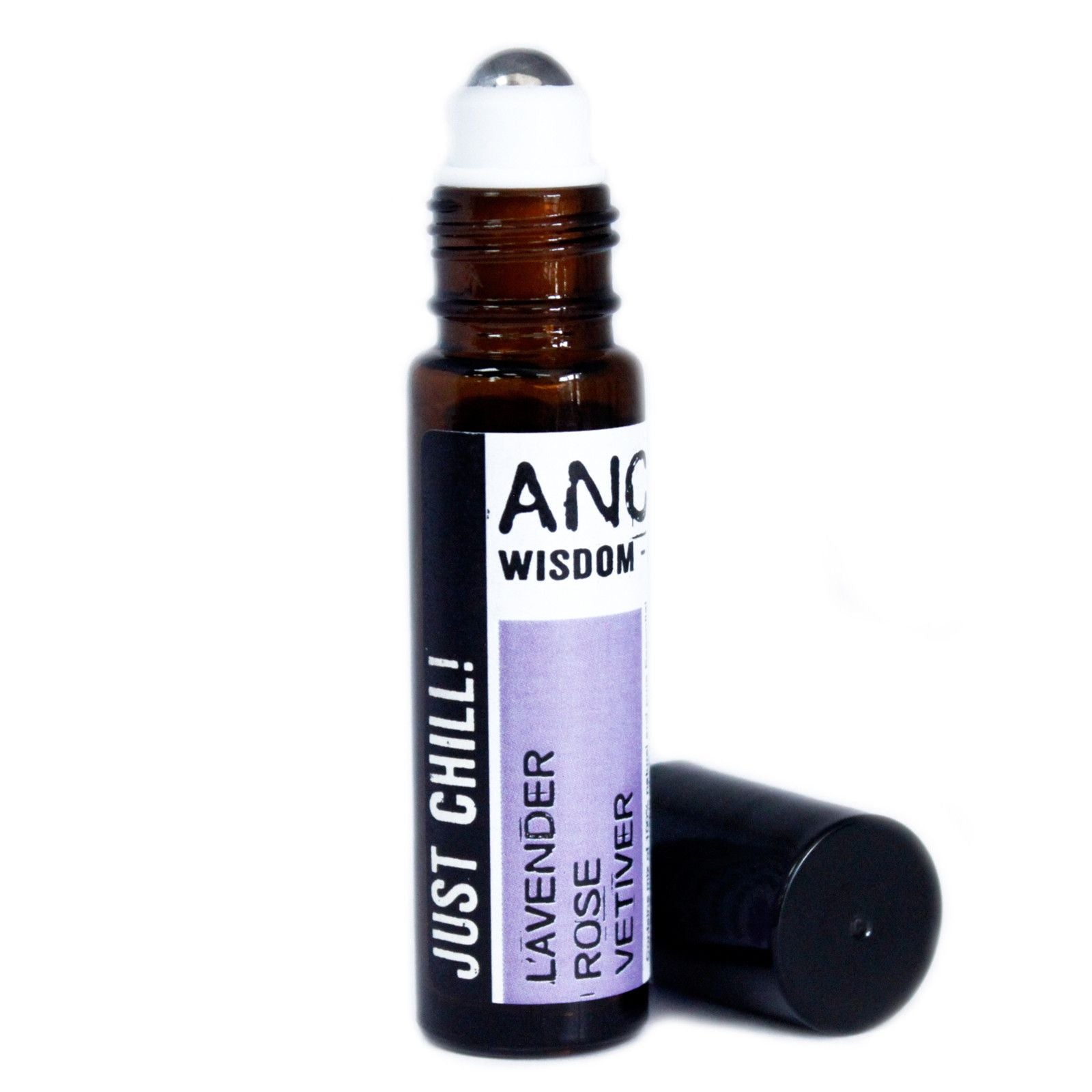 Just Chill Roll-On Essential Oil Blend – 10ML roll-on bottle with lavender, rose and vetiver blend label, cap beside