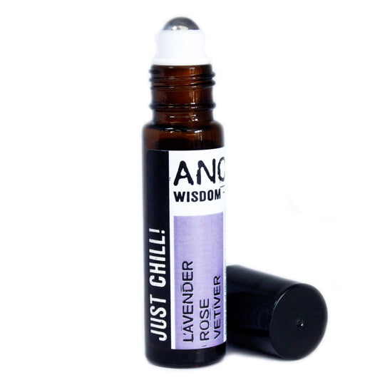 Just Chill Roll-On Essential Oil Blend – 10ML roll-on bottle with lavender, rose and vetiver blend label, cap beside