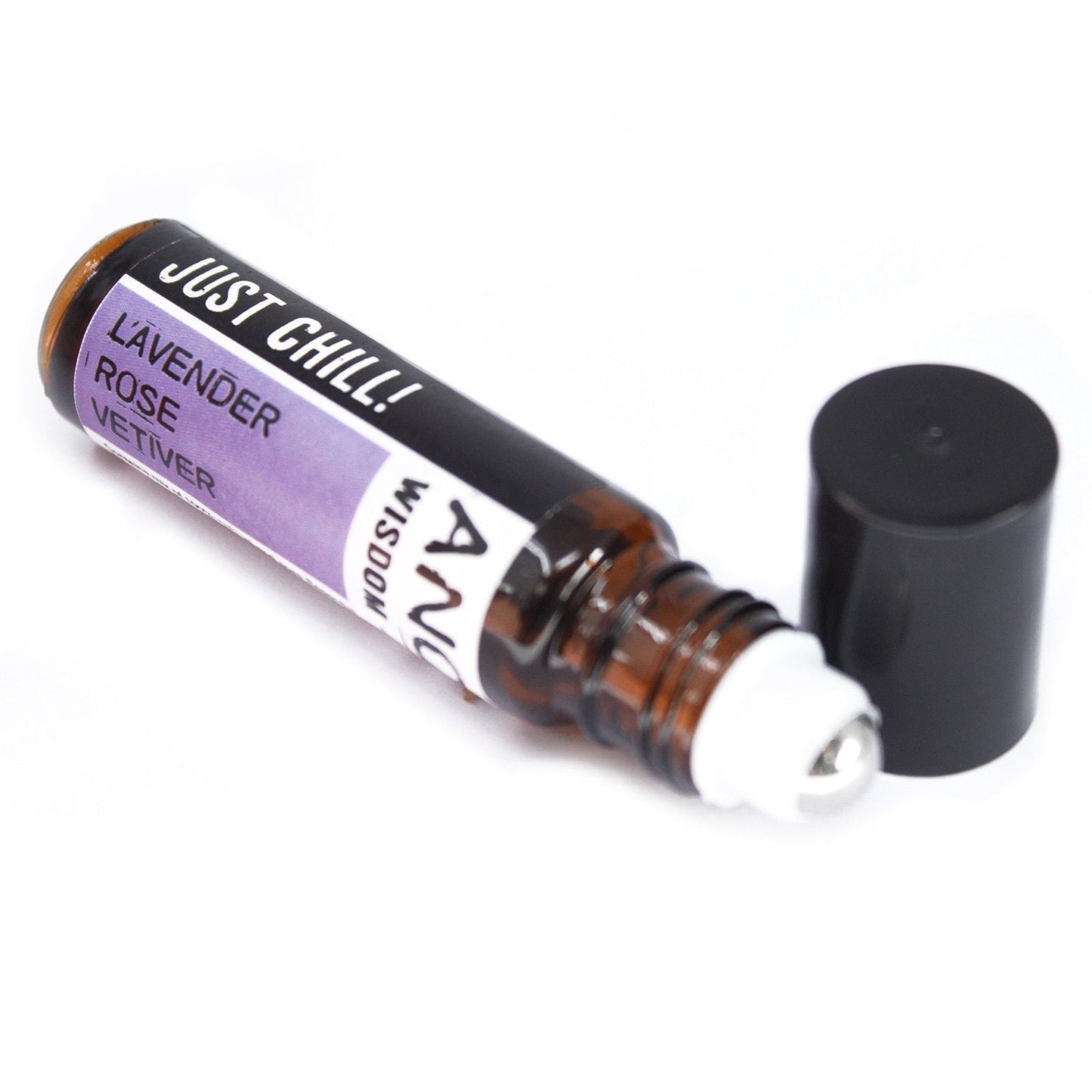 Alt Tag: Just Chill Roll-On Essential Oil Blend – 10ML roll-on bottle with cap off, lavender rose vetiver essential oil blend