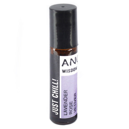 Alt Tag: Just Chill Roll-On Essential Oil Blend – 10ML roll-on bottle with lavender, rose and vetiver essential oil blend label