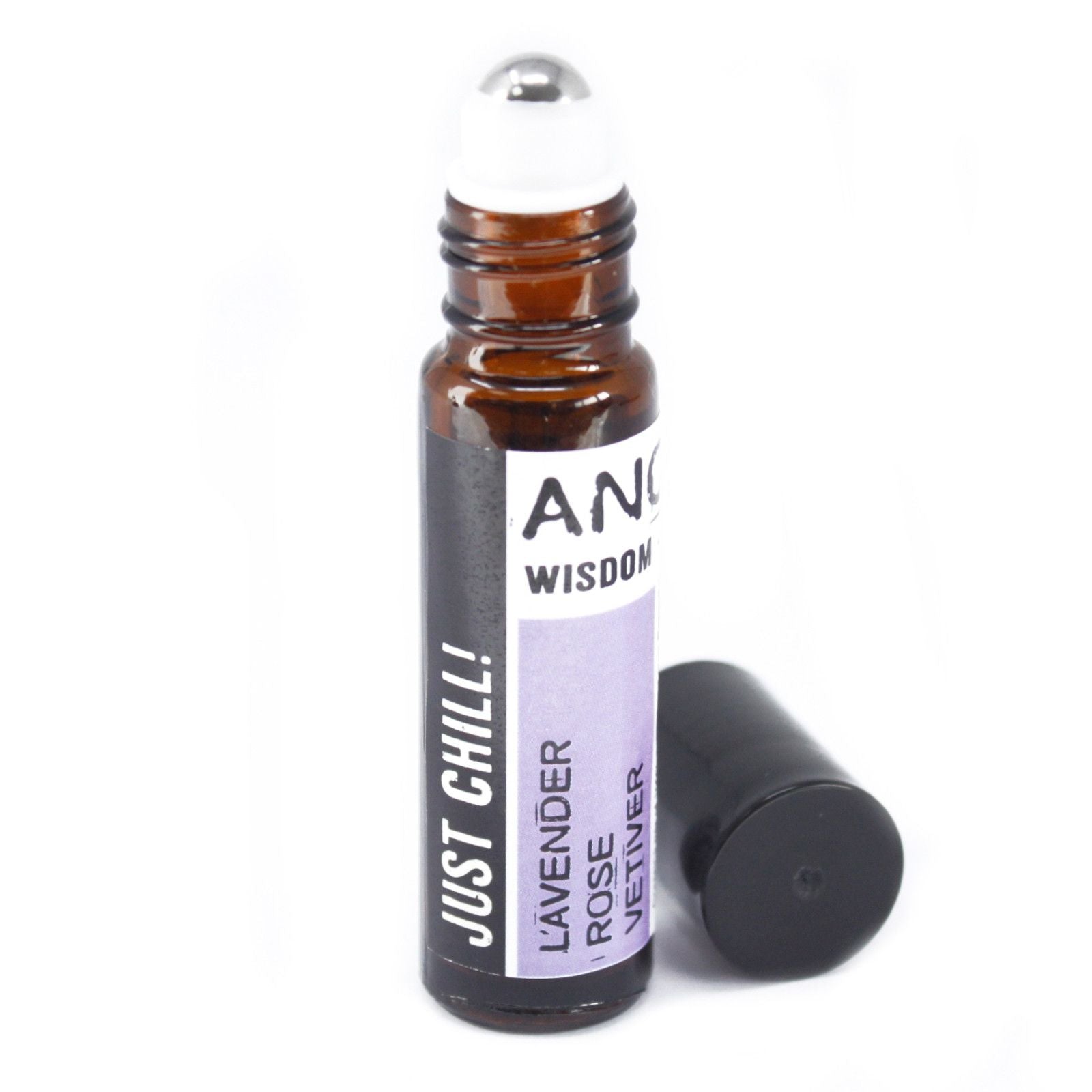 Alt Tag: Just Chill Roll-On Essential Oil Blend – 10ML, frasco ámbar con aplicador roll-on y tapa, mezcla de lavanda, vetiver y rosa