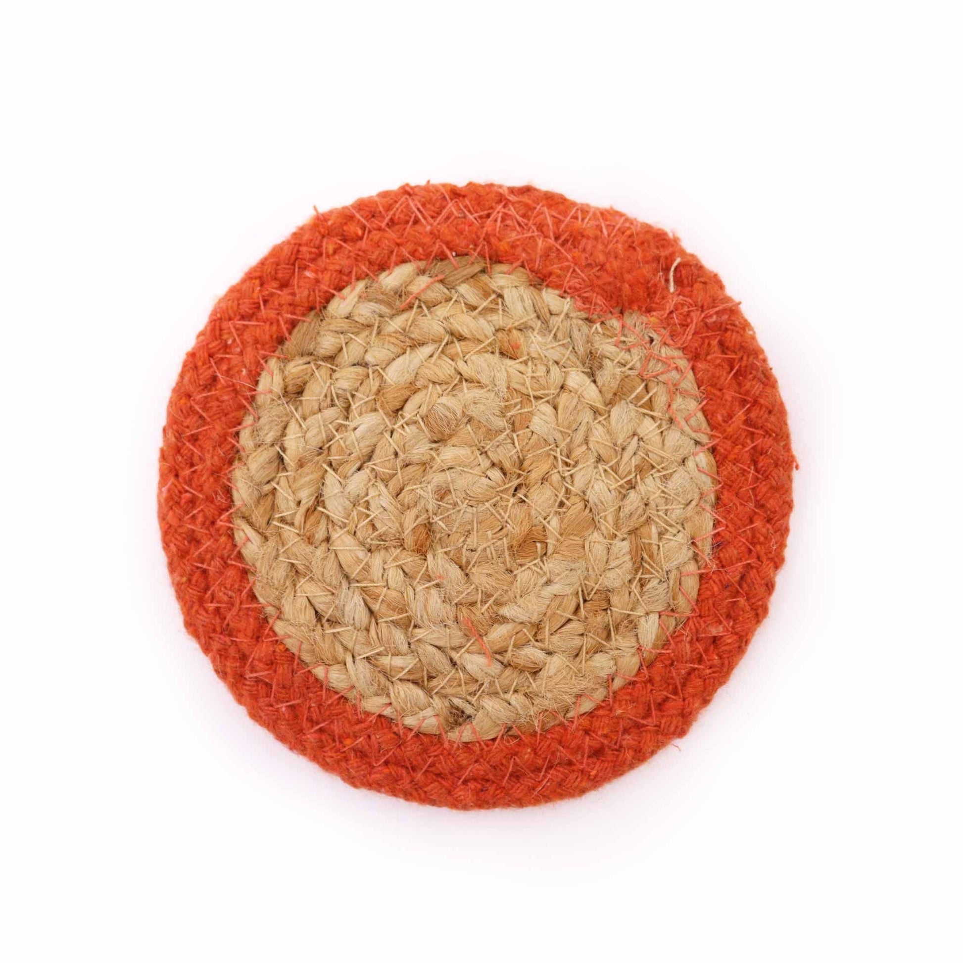 Alt Tag: Jute & Cotton Coaster Set – 10CM Boho Clay Border round natural jute coaster with clay border on white background