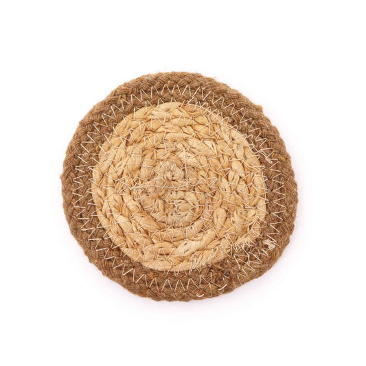Jute & Cotton Coasters – 10CM Set of 4 round natural jute and cotton coaster with stitched edge, boho table decor