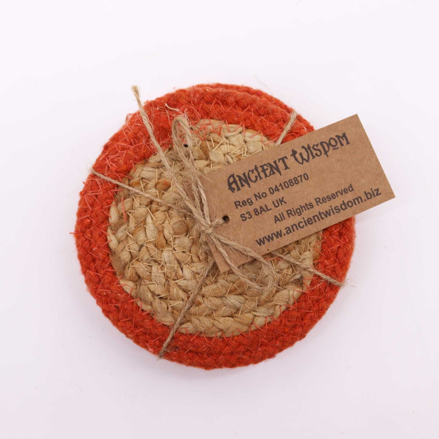 Jute & Cotton Coaster Set – 10CM Boho Clay Border round natural jute coaster with clay border and twine tag