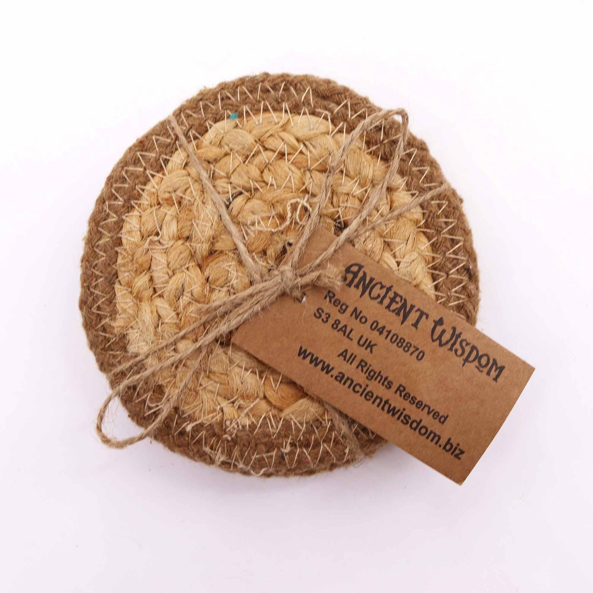 Jute & Cotton Coasters – 10CM Set of 4 natural round jute and cotton coasters with tag, boho table protection