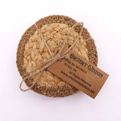 Jute & Cotton Coasters – 10CM Set of 4 natural round jute and cotton coasters with tag, boho table protection