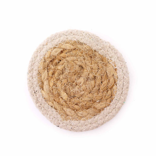 Jute & Cotton Coasters – 10CM Set of 4 natural jute and cotton round coaster with ivory border, rustic tableware