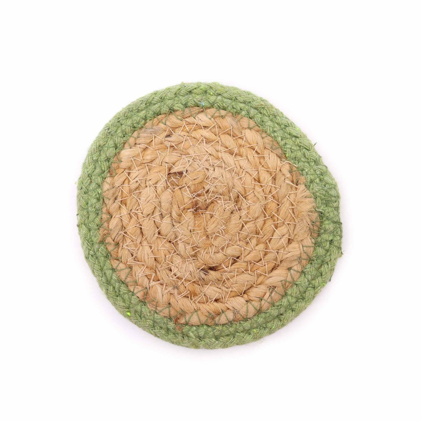 Alt-tagg: Underlägg i jute & bomull – 10 cm set med 4 st i oliv, runt underlägg i jute och bomull med olivfärgad kant, vy uppifrån