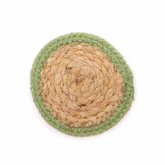 Alt Tag: Jute & Cotton Coasters – 10CM Set of 4 Olive, coaster redondo de yute y algodón con borde oliva, vista superior