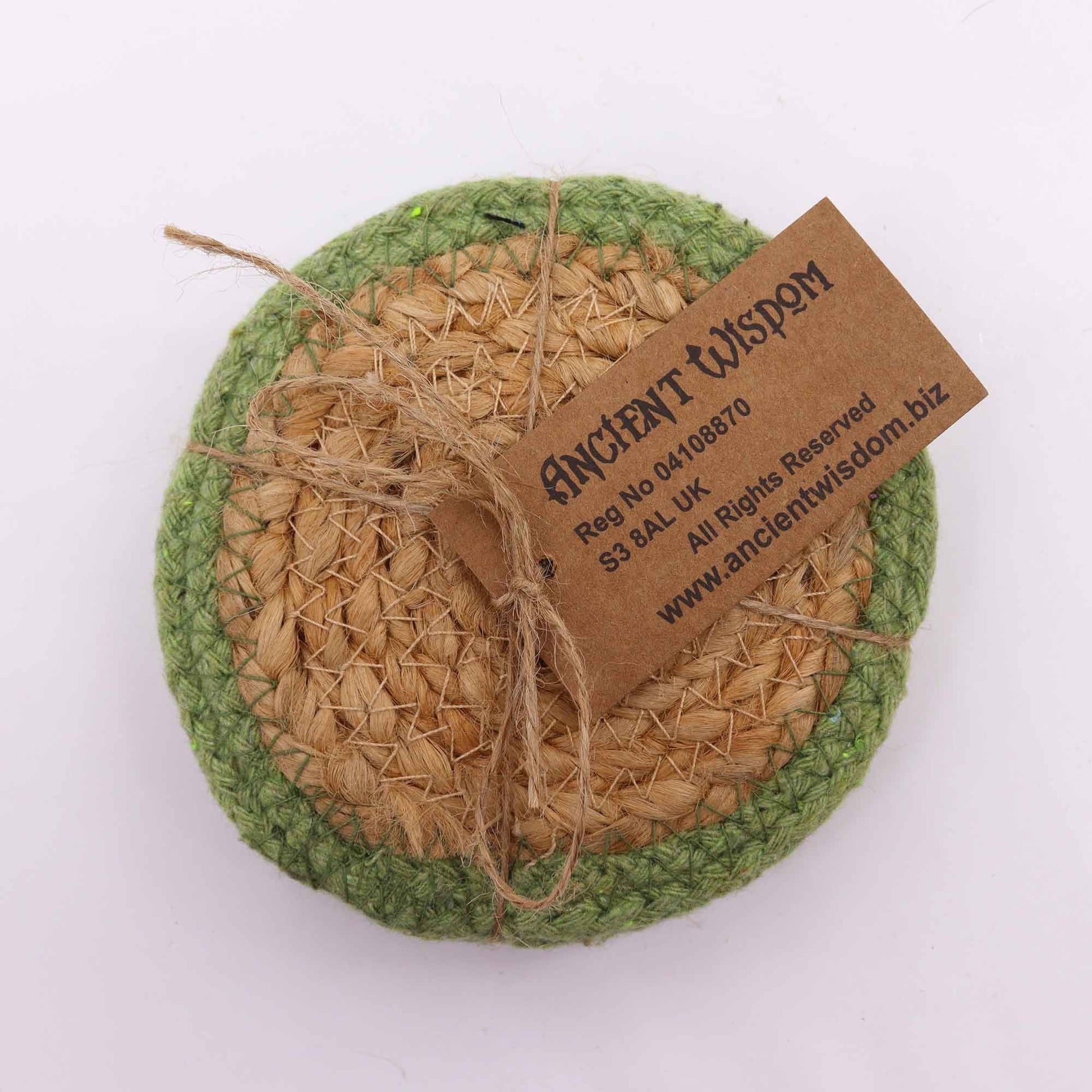 Alt Tag: Underlägg i jute & bomull – 10CM set med 4 st i oliv med naturlig juteväv och olivkant, hantverksset med underlägg