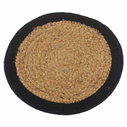 Alt Tag: Jute & Cotton Natural Placemat – 30CM Black Border round woven jute placemat with black border