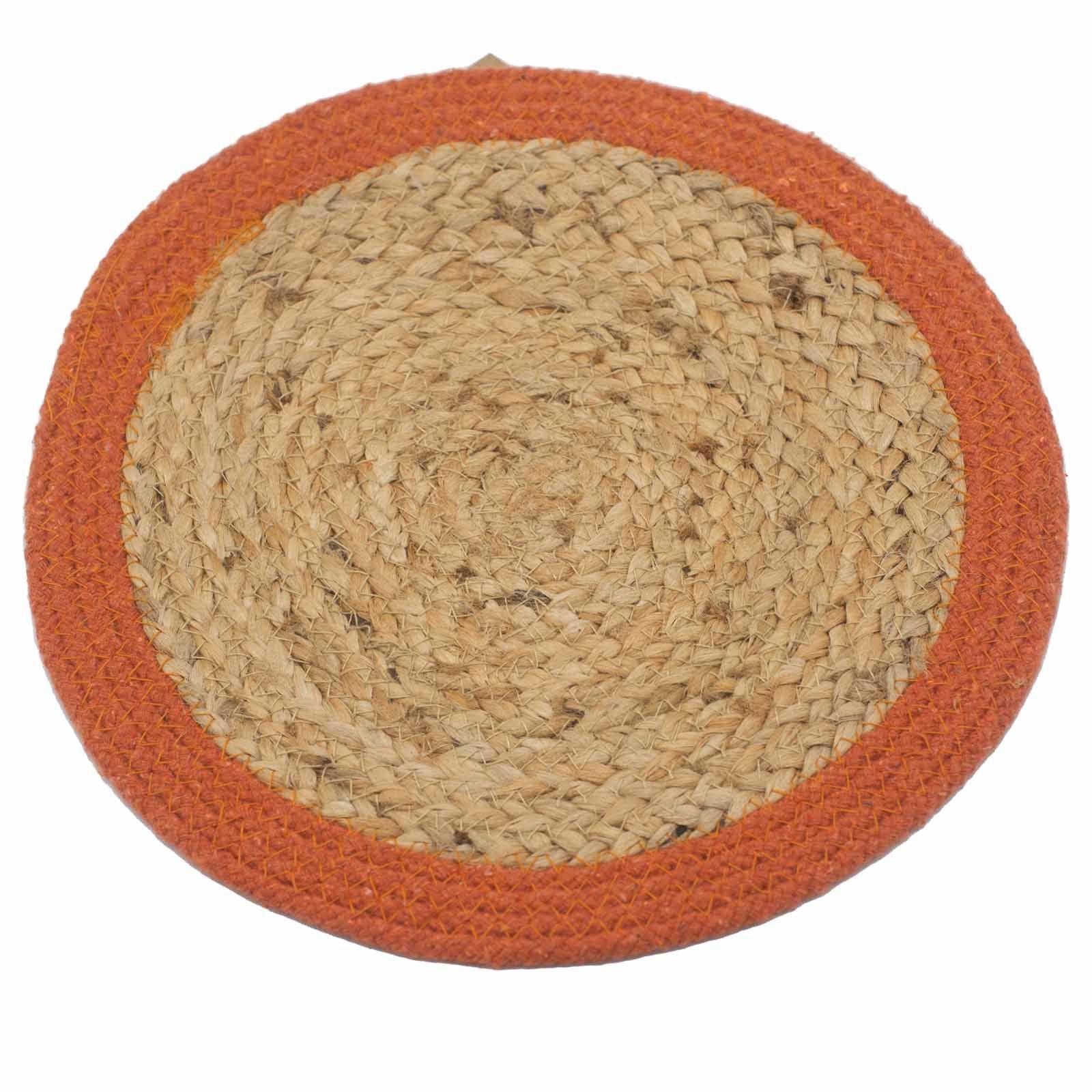 Jute & Cotton Natural Placemat – 30 CM Rustic Clay Border red clay border round woven jute and cotton placemat on white