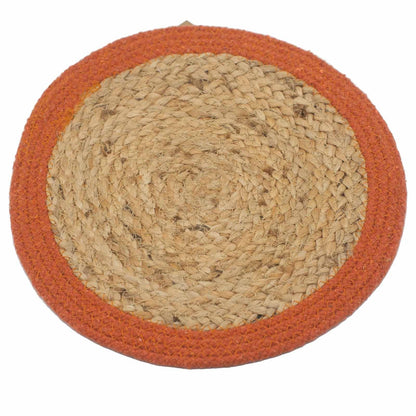 Jute & Cotton Natural Placemat – 30 CM Rustic Clay Border red clay border round woven jute and cotton placemat on white