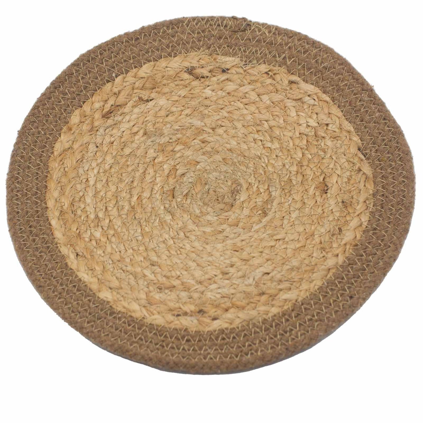 Alt Tag: Jute & Cotton Natural Placemat – 30CM circular braided placemat with natural jute center and cotton border, rustic table decor