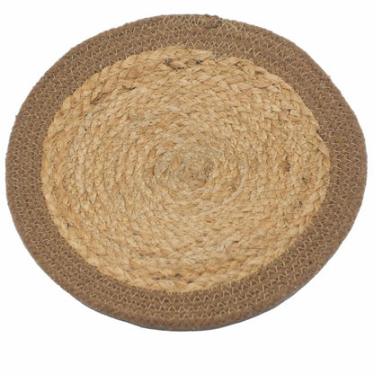 Alt Tag: Jute & Cotton Natural Placemat – 30CM circular braided placemat with natural jute center and cotton border, rustic table decor