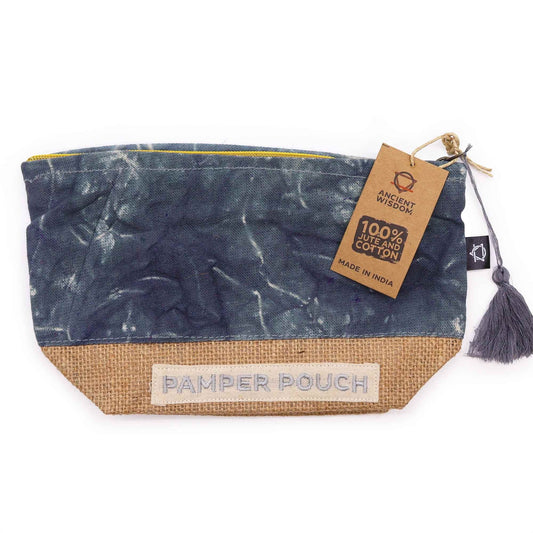 Alt Tag: Jute Cotton Pamper Pouch – Kolgrå stonewash-necessär i jute och bomull med dragkedja och tofs, 25x7x15 cm