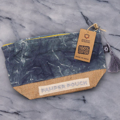 Alt Tag: Jute Cotton Pamper Pouch – Charcoal Stonewash zippered jute and cotton travel pouch with tassel, stonewash finish