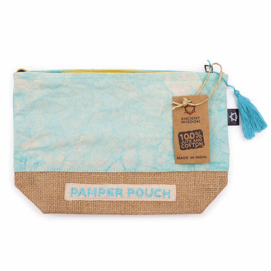Alt Tag: Jute & Cotton Pamper Pouch – Stonewash Blues necessär i jute och bomull med dragkedja och tofs, stonewash blue, 25x7x15 cm